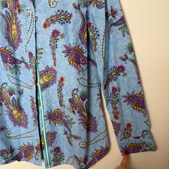 Talbots 100% Cotton Blue Paisley Print Button Front Blouse Size Medium - Picture 10 of 16